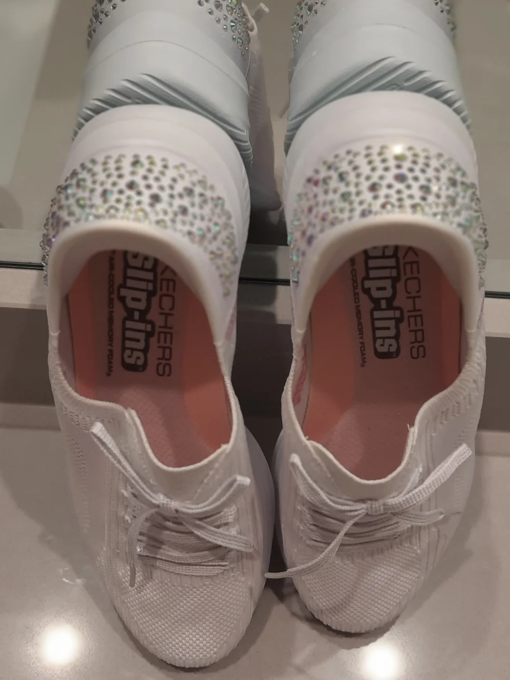 Skechers Women's White Slip-Ins Memory Foam Sneakers with Sparkling Rhinestones
